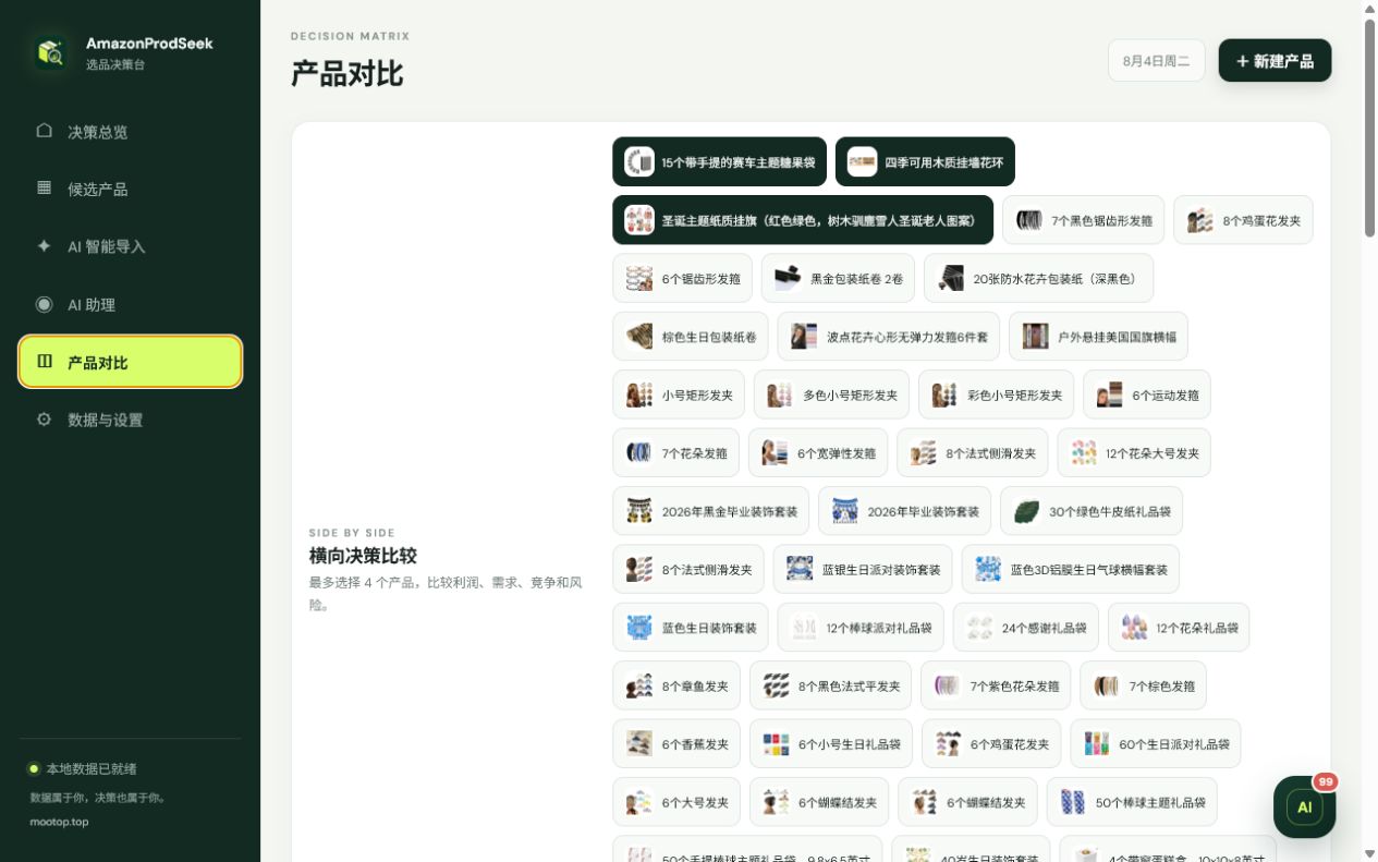 AmazonProdSeek v2 候选产品对比界面
